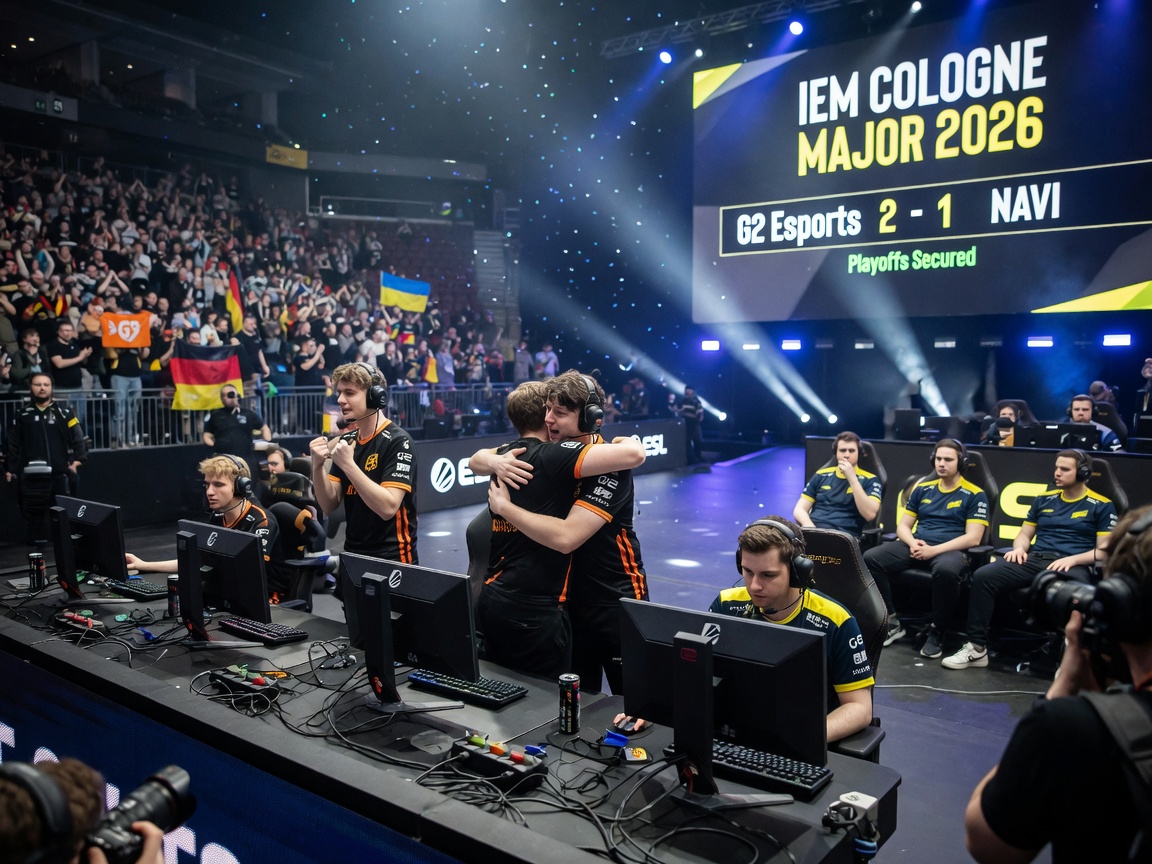 G2 Esports celebrate a 2–1 win over NAVI on stage, clinching a playoff berth